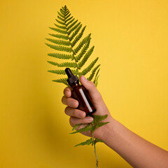 hand holding a fern and cosmetic bottle