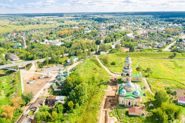 Aerial view of the Staritsa town and the Cathedral of Boris and Gleb