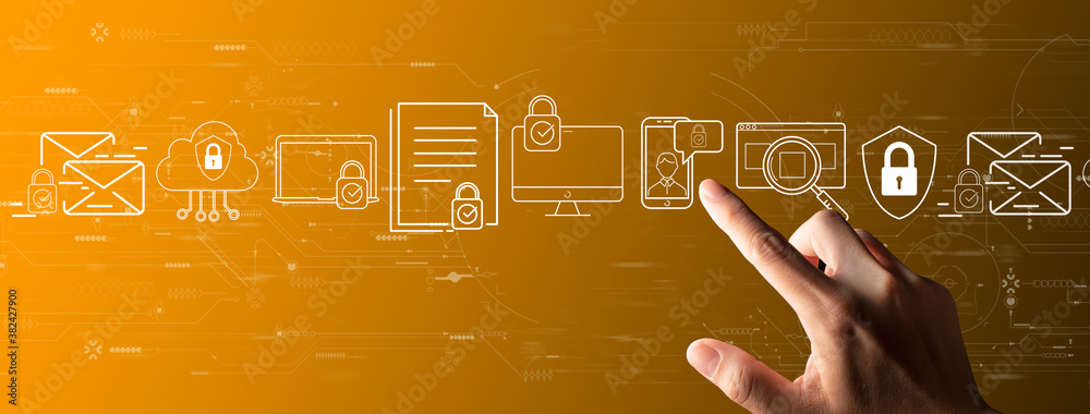 Poster Data protection with person hand using a smart computer on orange background.