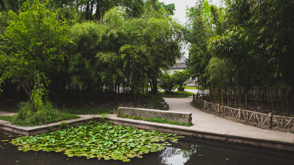 Path by pond in Lanting (Orchid Pavilion) scenic area, Shaoxing, China