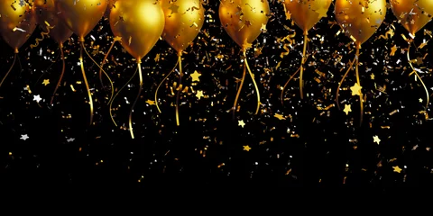 Foto op Aluminium Gold balloon and foil confetti falling on black background with copy space 3d render © ArtBackground