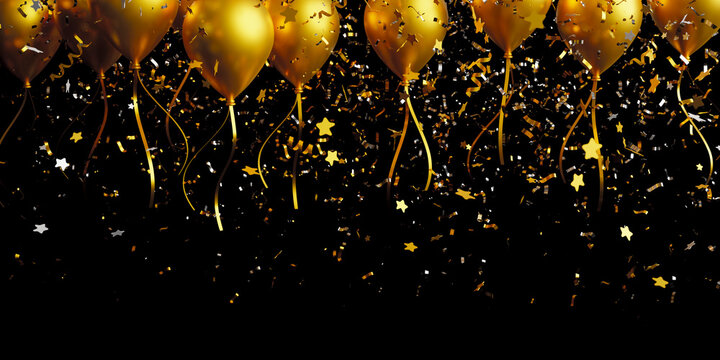 Gold balloon and foil confetti falling on black background with copy space 3d render