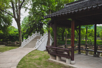 Bridge and Chinese pavilion in Lanting (Orchid Pavilion) scenic area, Shaoxing, China