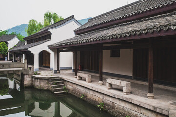 Chinese architecture by canal in Lanting (Orchid Pavilion) scenic area in Shaoxing, China