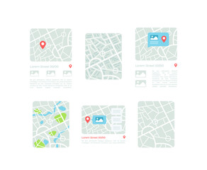 GPS UI elements kit. Geographical positions with pins. Maps isolated vector icon, bar and dashboard template. Web design widget collection for mobile application with light theme interface
