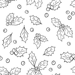 Christmas holly leaves and berries hand-drawn doodle vector seamless pattern design for fabric, wrapping, textile, wallpaper, background.