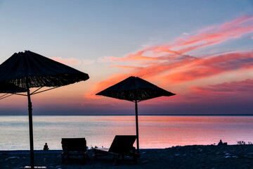 Beach umbrella at sunrise - Cirali, Antalya Province, Turkey, Asia