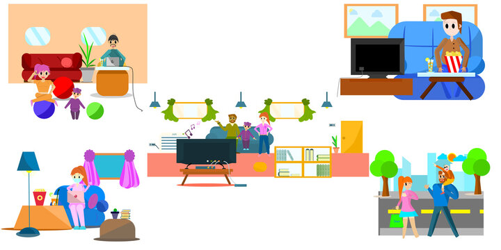 Family and home activities set vector  Within the holidays, illustration parents and children sit and watch TV to relax on vacation.  Lifestyle, happiness and relaxation. People stay home