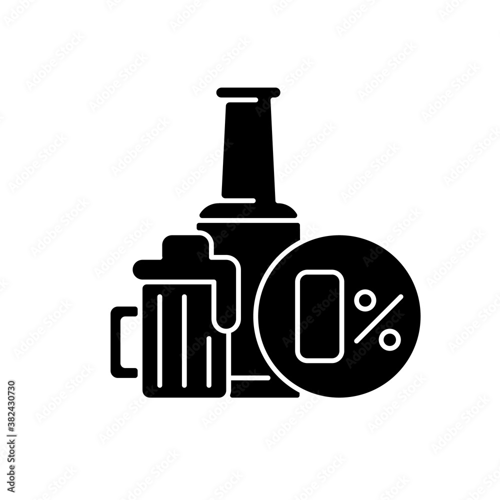 Sticker Non alcoholic beer black glyph icon. Safe drink. Bottled spirit in bar. Liquid in pub menu. No level of alcohol in beverage. Soft drink. Silhouette symbol on white space. Vector isolated illustration