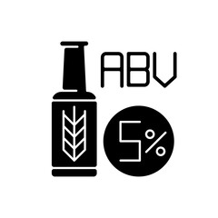 Alcohol by volume black glyph icon. Alcoholic beverage. Beer in bottle. Lager and ale. Draught stout from bar. ABV measure in percentage. Silhouette symbol on white space. Vector isolated illustration