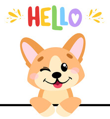 Cute dog in cartoon style. Pembroke welsh corgi with lettering Hello. Vector illustration for print, cards, decor, posters, stickers.