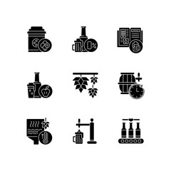 Brewing beer process black glyph icons set on white space. Industrial production of alcoholic drinks. Manufacture business to brew beverage. Silhouette symbols. Vector isolated illustration