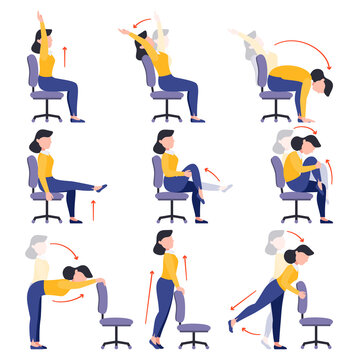 Instructions girl doing exercises on an office chair. Set of women workout for healthy back, neck, arms and legs. Sport for the wellbeing of workers. Vector illustration isolated on white background.