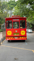 Naklejka na ściany i meble Front Side of a Red and Yellow Tram Under the Trees from Coyoacan
