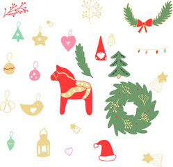 Vector collection of christmas items, elements and decorations.  Scandinavian  hygge style