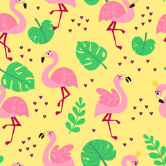Seamless pattern with cartoon flamingos. Summer tropical vector texture on a yellow background. Background for a children's book, print, poster, stickers, fabric, wrapping paper.