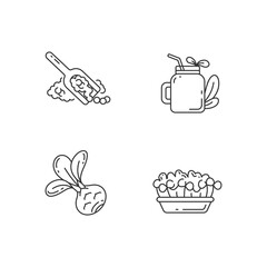 Greens variety pixel perfect linear icons set. Fruity smoothie types. Microgreens garden ideas. Customizable thin line contour symbols. Isolated vector outline illustrations. Editable stroke