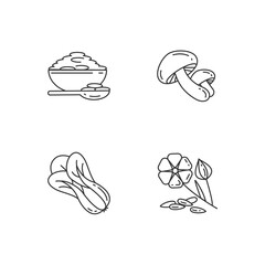 Healthy grains pixel perfect linear icons set. Organic shiitake mushrooms. Eco seed meal ingredients. Customizable thin line contour symbols. Isolated vector outline illustrations. Editable stroke