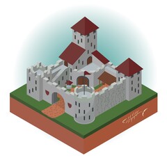 Medieval castle with towers and gates in an isometric projection. Vector illustration.