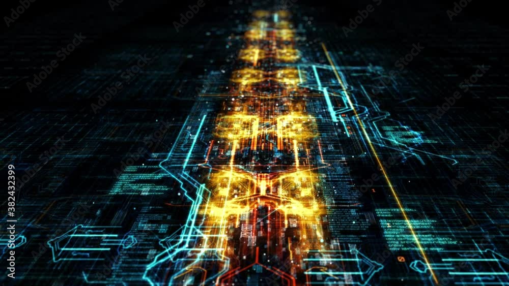 Poster Transfer and storage of data sets/Abstract background with animation moving of lines for fiber optic network. Data transmission channel. Virtual processor loading html code. 3D rendering