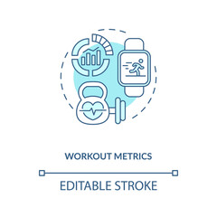 Workout metrics concept icon. Wearable technology feature idea thin line illustration. Activity stats tracking. Heart rate monitoring. Vector isolated outline RGB color drawing. Editable stroke