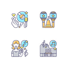 Fototapeta premium Party songs ideas RGB color icons set. Ethnical latin musical instruments. Fancy lounge music. Classic piano songs. Isolated vector illustrations