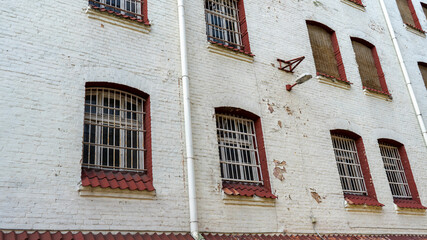 Prison Barbed Wire Fence.Prison Cell's Bars. Jail, Detail of Confinement and Crime, Justice. Prison Interior.