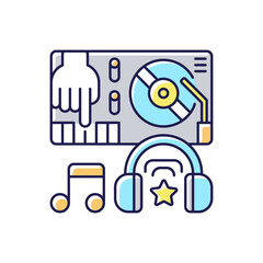 Electronic music RGB color icon. Dj mixer station. Party music editing. Professional equipment. Headphones for listening. Isolated vector illustration