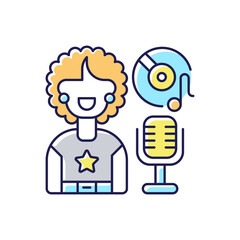 Soul music RGB color icon. Vinyl with note. Retro microphone. Singer woman with stared sweatshirt. Elegant songs styles. Isolated vector illustration