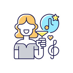 Lounge music RGB color icon. Different musical events. Woman with cocktail in hand. Music tone. Song notes. Entertainment place. Isolated vector illustration