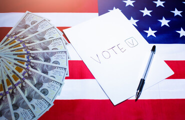 American flag with dollars on it. Elections in the USA. Paper for vote tick. Money as concept of...