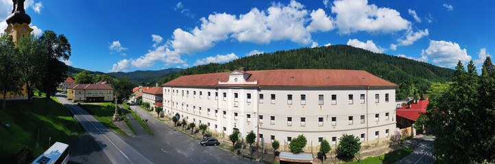 Fototapeta na wymiar Aerial view of a historic building in the village of Smolnik in Slovakia