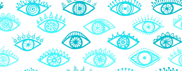 Different open eyes boho endless pattern. Sketch 