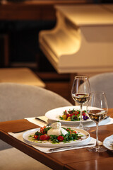Restaurant table served with spanish salads