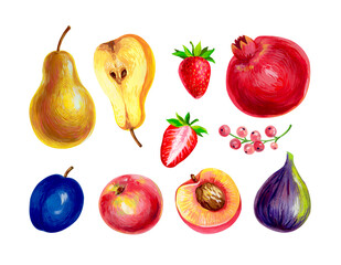 Set with fruits painted in gouache