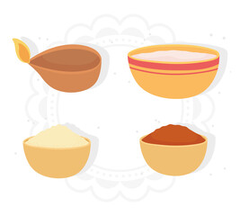 happy bhai dooj, light spices food in bowls icons, indian family celebration