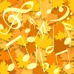 Autumn music notes and falling maple leaves background