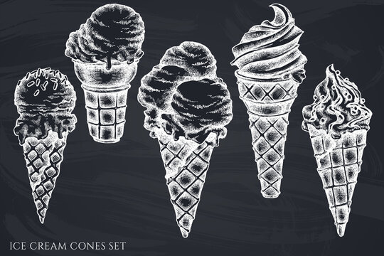 Vector set of hand drawn chalk ice cream cones