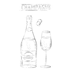 Light charcoal sketch of open champagne bottle and flute glass