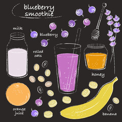 Blueberry smoothie glass and ingredients recipe line art chalk sketch