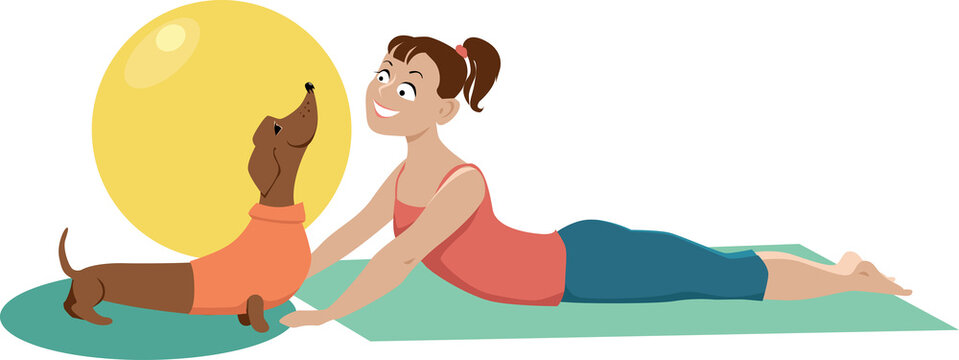 Young woman practicing doga yoga exercise with her dachshund dog, EPS 8 vector illustration