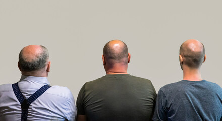 Bald men rear view, head with hair loss. The concept of hereditary hair loss. - obrazy, fototapety, plakaty
