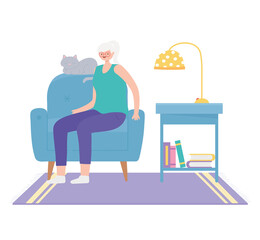 activity seniors, elderly woman sitting on chair with her cat