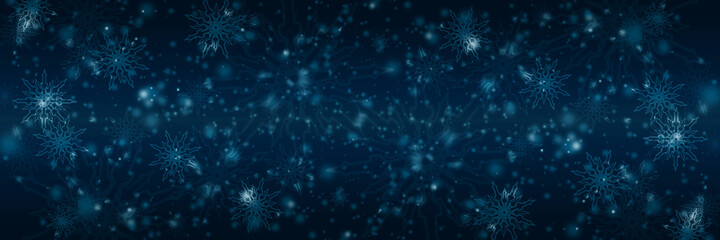 Winter background with snow flakes and bokeh. New Year horizontal card.