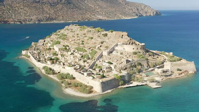 Aerial view of the former leper colony and venetian fortress of Spinalonga near Elounda on the island of Crete