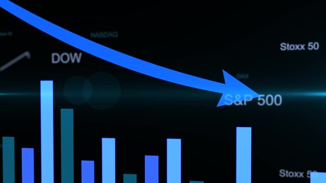 Stock market crash. Financial charts with falling down blue arrow