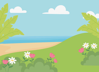 Fototapeta na wymiar landscape meadow flowers sand beach sea and sky