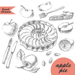 Hand drawn sketch of apple tart and recipe ingredients