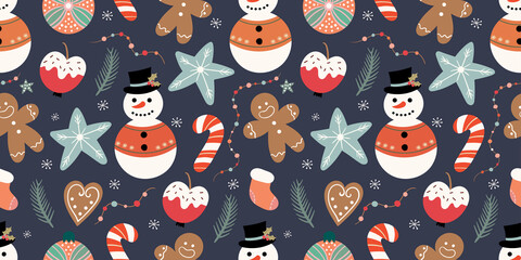 Weihnachtsnahtloses Muster mit Schneemann, Süßigkeiten und Lebkuchen, Winterdesign