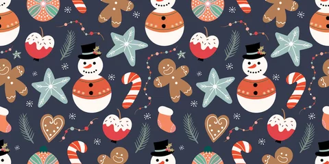 Zelfklevend Fotobehang Kerstmis motieven Kerstmis naadloos patroon met sneeuwman, suikergoed en peperkoek, de winterontwerp